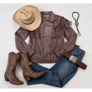 Baevely Fringe Suede Jacket Womens Large Dusty Brown Western Moto Cowgirl NEW‎